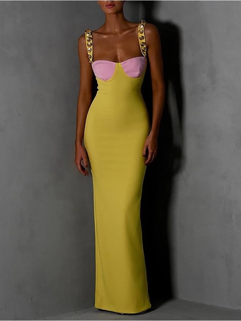 Summer wedding Yellow Maxi Dress with Pink Bust and Decorative Straps - Picture 4 of 6
